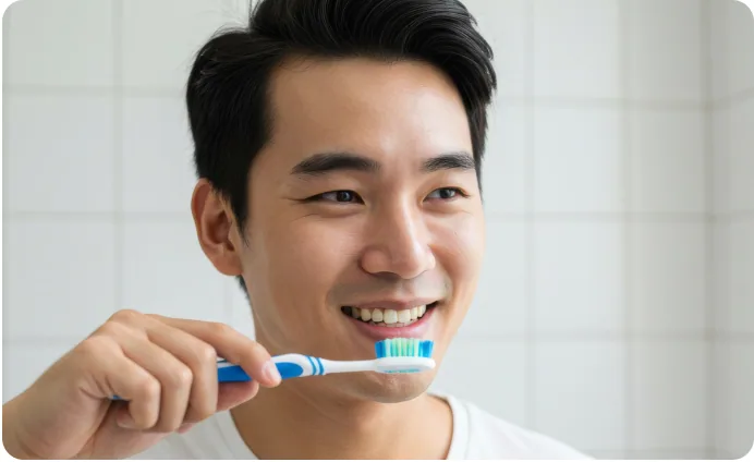 A smiling man brushing his teeth